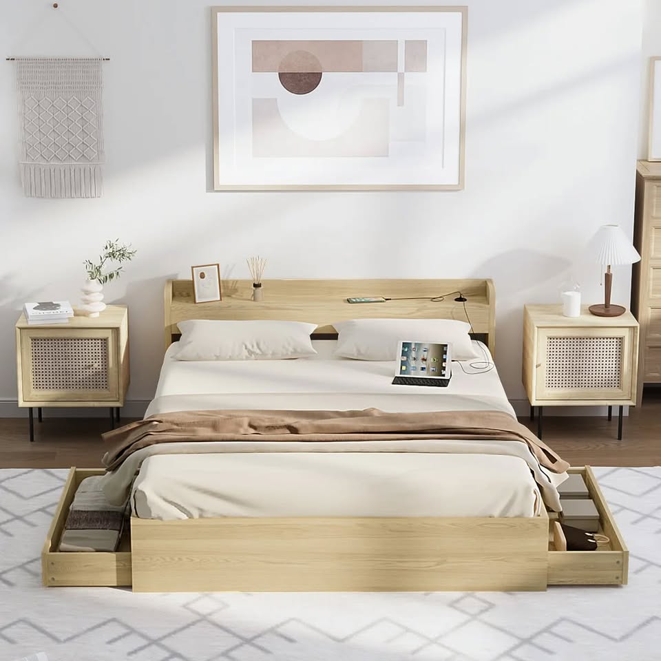 BF-MEXI-K-WD-ABC Oikiture Wooden Bed Frame King Size with Charging Ports & 2 Drawers