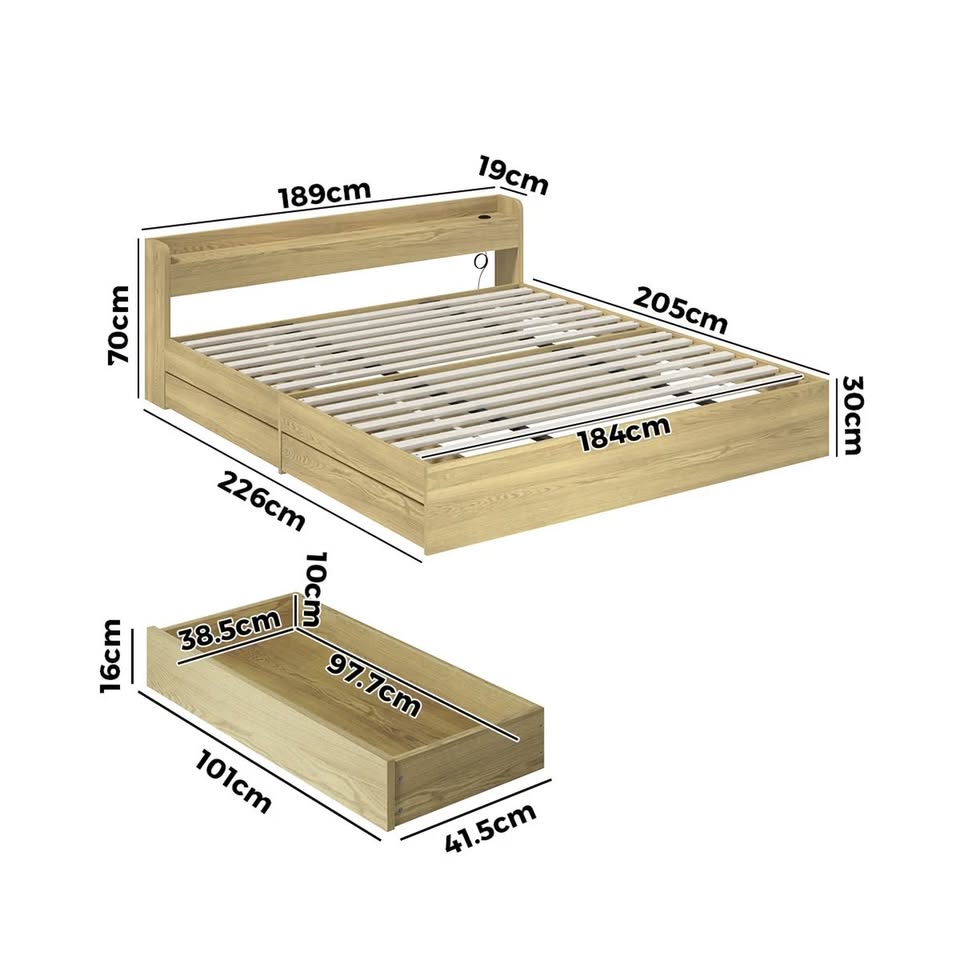 BF-MEXI-K-WD-ABC Oikiture Wooden Bed Frame King Size with Charging Ports & 2 Drawers