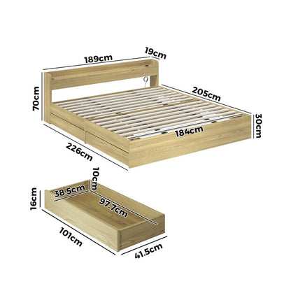 BF-MEXI-K-WD-ABC Oikiture Wooden Bed Frame King Size with Charging Ports & 2 Drawers