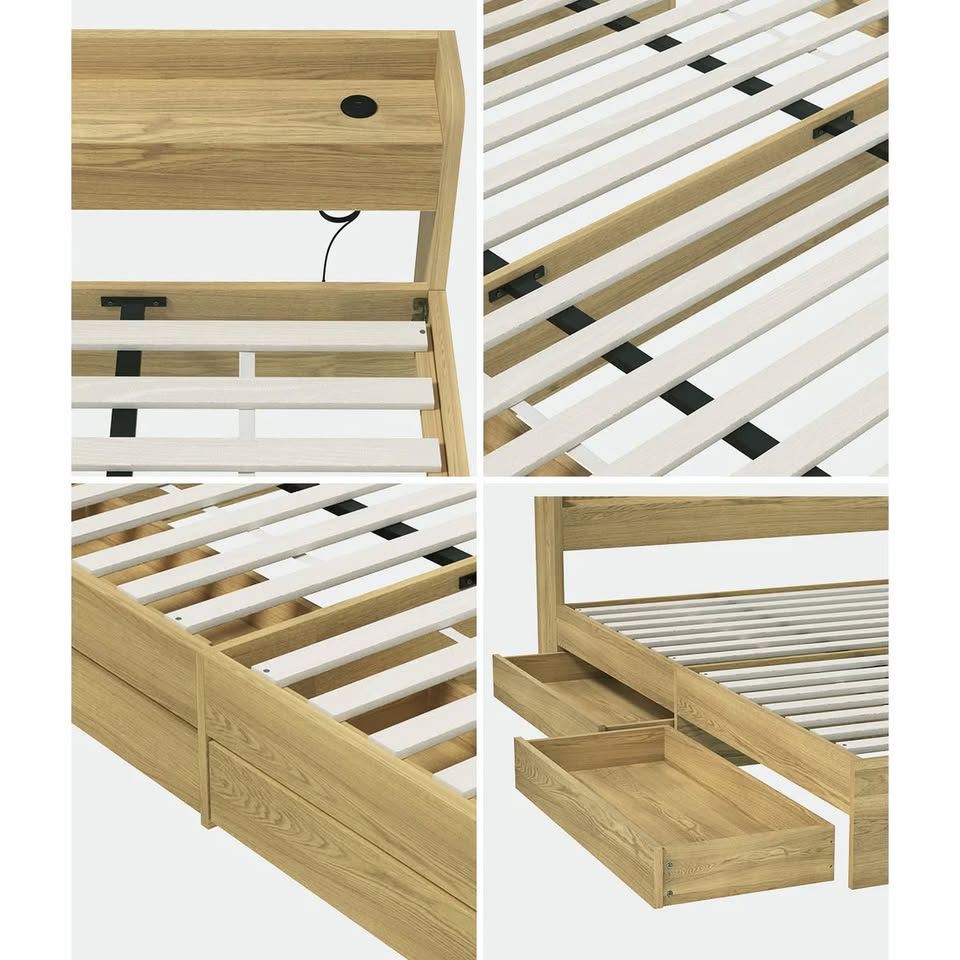 BF-MEXI-K-WD-ABC Oikiture Wooden Bed Frame King Size with Charging Ports & 2 Drawers