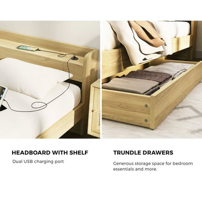 BF-MEXI-K-WD-ABC Oikiture Wooden Bed Frame King Size with Charging Ports & 2 Drawers