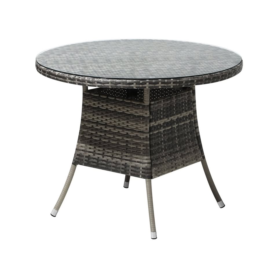ODDS-RTN-TB90-GY Livsip 90CM Outdoor Dining Table Round Rattan Glass Table Patio Furniture Grey