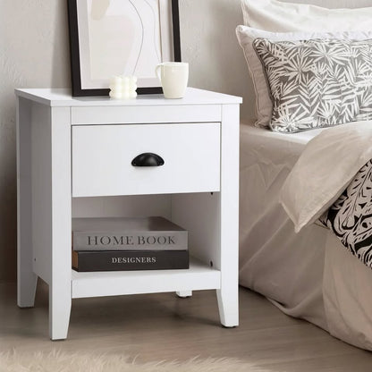 BT-ONLY-1D-WH Oikiture Bedside Table Side End Tables Nightstand Storage Cabinet Vintage