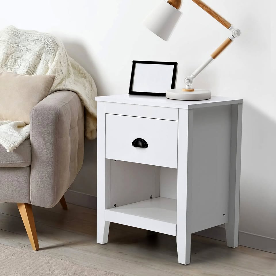 BT-ONLY-1D-WH Oikiture Bedside Table Side End Tables Nightstand Storage Cabinet Vintage