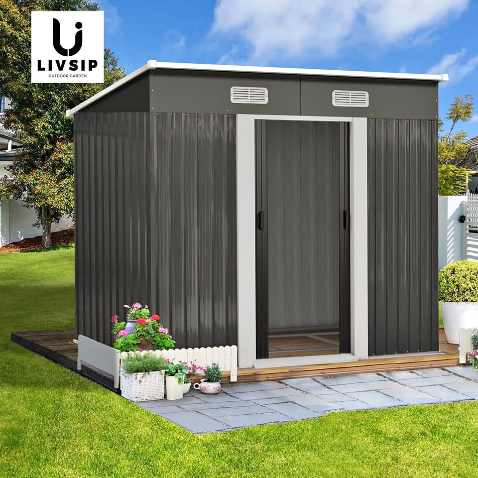 GS-4X6-GY-AB+BASE Livsip Garden Shed Outdoor Storage Sheds 1.94x1.21M Workshop Cabin Metal Base
