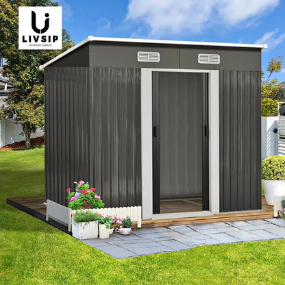 GS-4X6-GY-AB+BASE Livsip Garden Shed Outdoor Storage Sheds 1.94x1.21M Workshop Cabin Metal Base