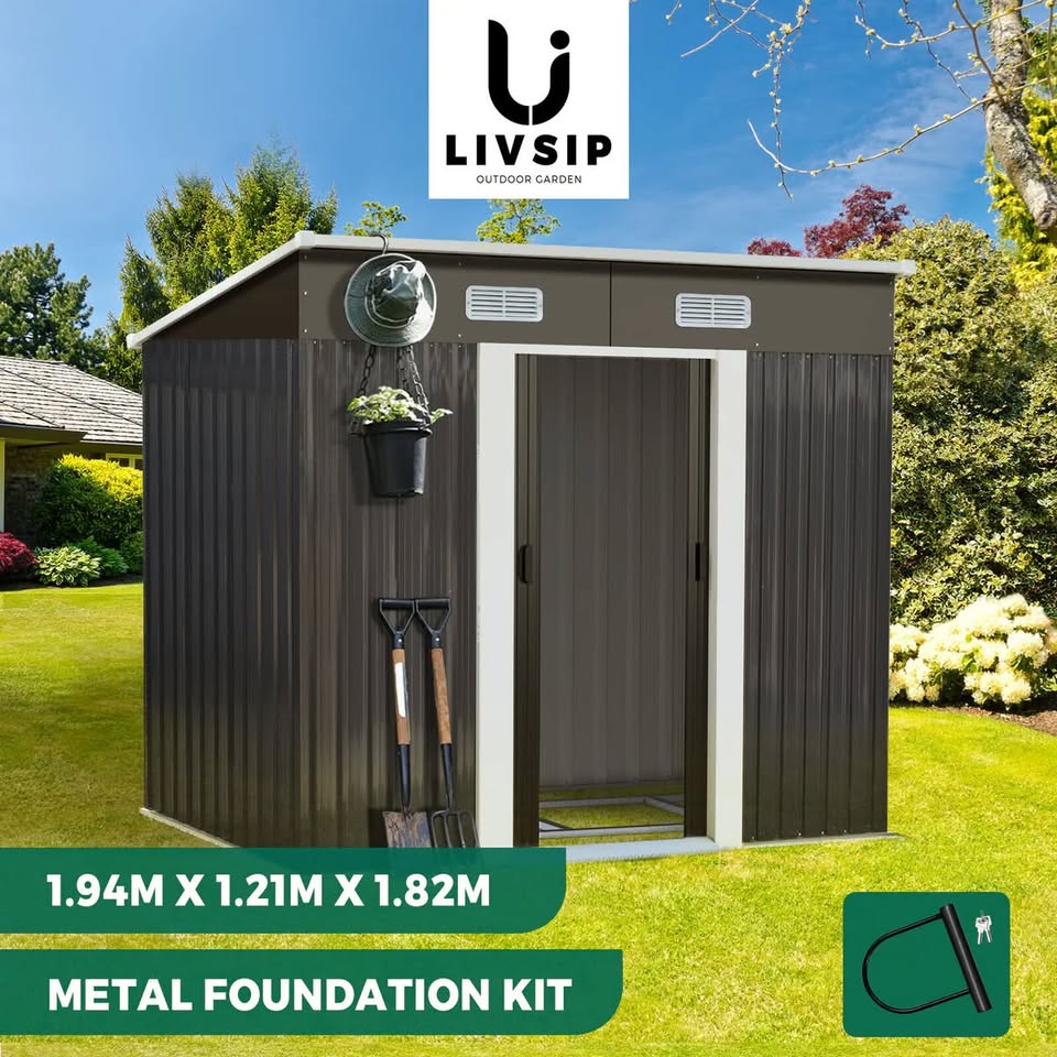 GS-4X6-GY-AB+BASE Livsip Garden Shed Outdoor Storage Sheds 1.94x1.21M Workshop Cabin Metal Base