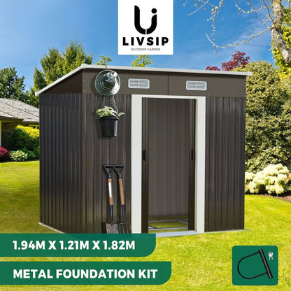 GS-4X6-GY-AB+BASE Livsip Garden Shed Outdoor Storage Sheds 1.94x1.21M Workshop Cabin Metal Base