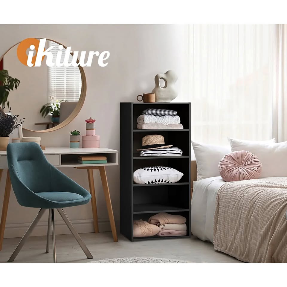 WA-MEXI-113-5S-BK Oikiture Wardrobe Shelf Unit Clothes Storage Cabinet 5 Shelves Organiser Black