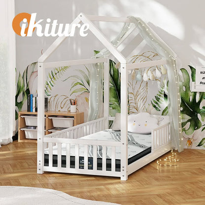 BF-W-A2-WH-AB Oikiture Bed Frame Kids Wooden Single House Style
