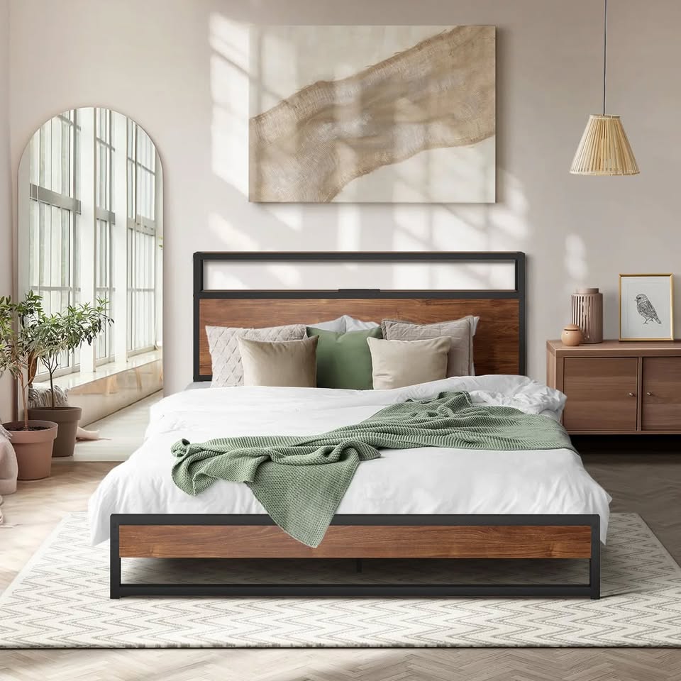 MBF-LTMO-D-BK-AB Oikiture Metal Bed Frame Double Size LED Light Storage Headboard USB Charge