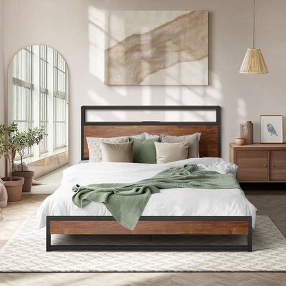 MBF-LTMO-D-BK-AB Oikiture Metal Bed Frame Double Size LED Light Storage Headboard USB Charge