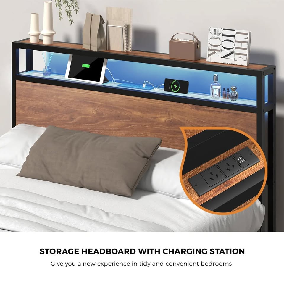 MBF-LTMO-D-BK-AB Oikiture Metal Bed Frame Double Size LED Light Storage Headboard USB Charge