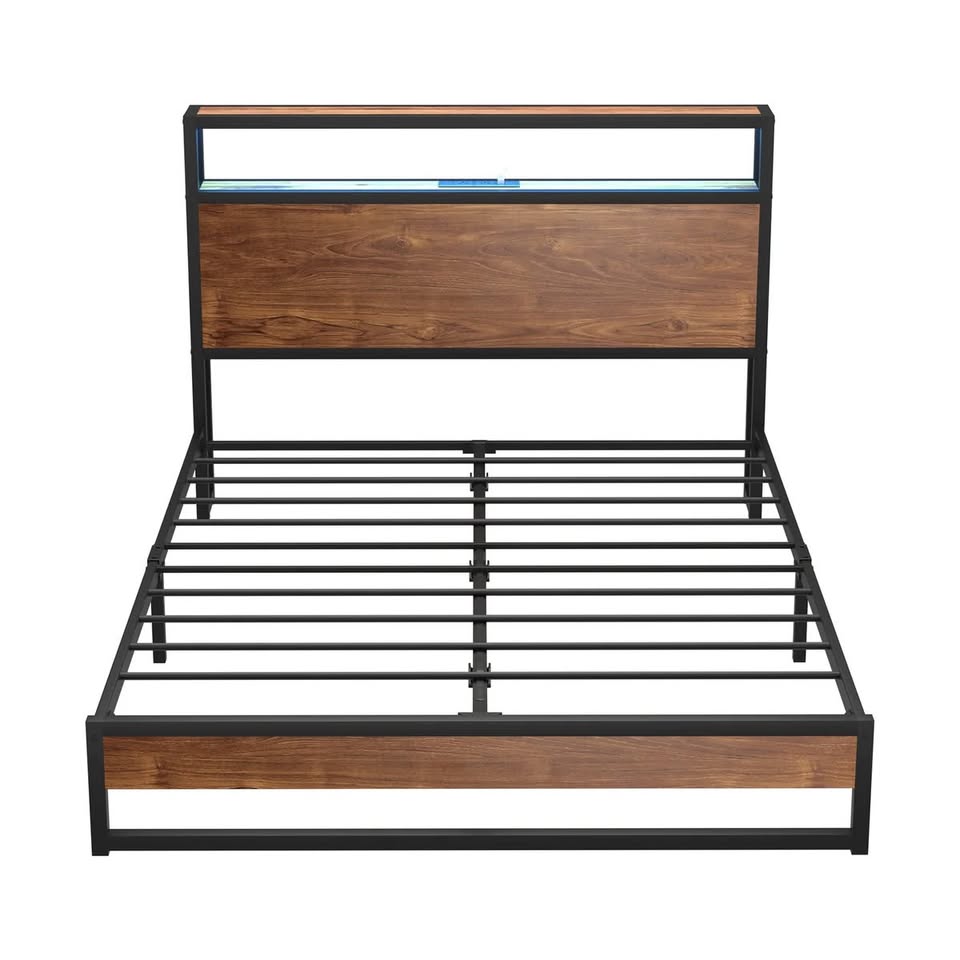 MBF-LTMO-D-BK-AB Oikiture Metal Bed Frame Double Size LED Light Storage Headboard USB Charge