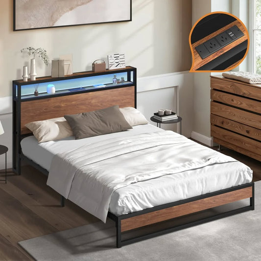 MBF-LTMO-D-BK-AB Oikiture Metal Bed Frame Double Size LED Light Storage Headboard USB Charge
