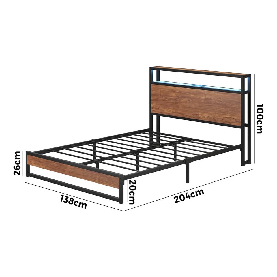 MBF-LTMO-D-BK-AB Oikiture Metal Bed Frame Double Size LED Light Storage Headboard USB Charge