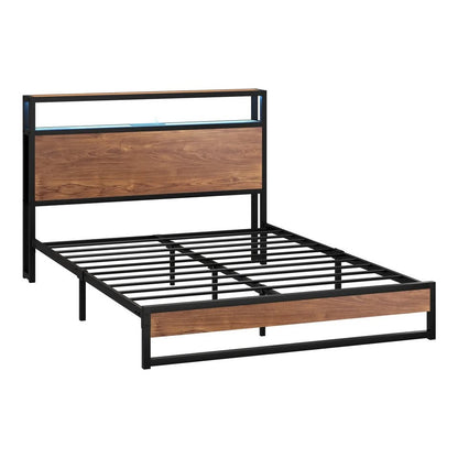 MBF-LTMO-D-BK-AB Oikiture Metal Bed Frame Double Size LED Light Storage Headboard USB Charge