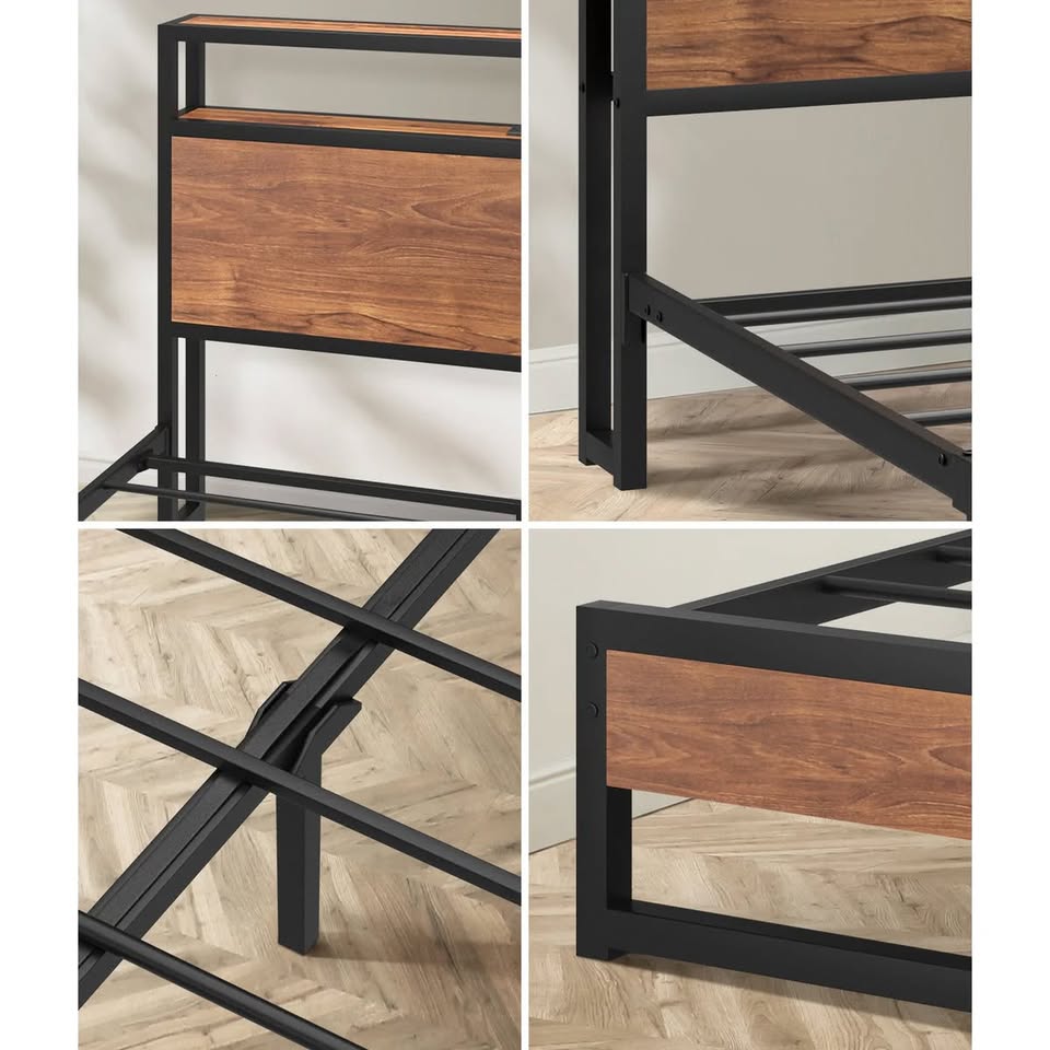 MBF-LTMO-D-BK-AB Oikiture Metal Bed Frame Double Size LED Light Storage Headboard USB Charge