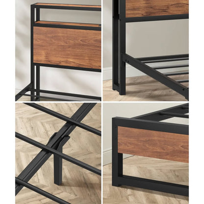 MBF-LTMO-D-BK-AB Oikiture Metal Bed Frame Double Size LED Light Storage Headboard USB Charge
