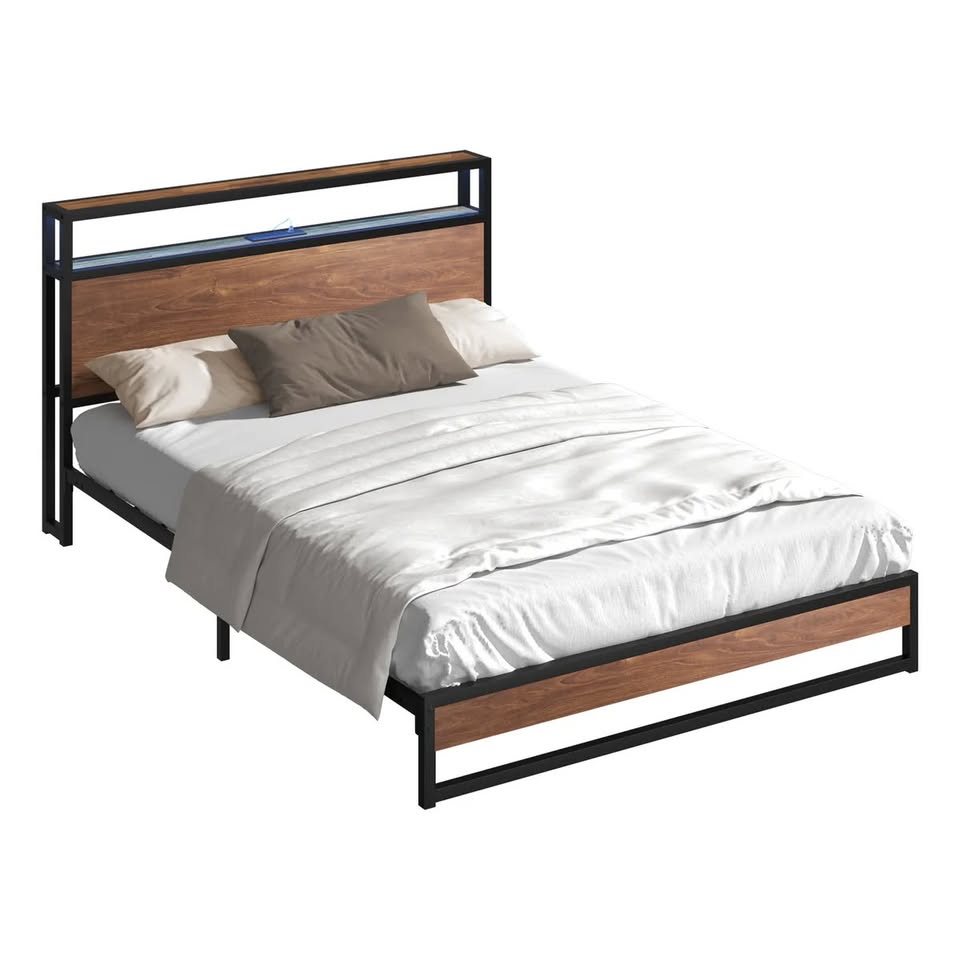 MBF-LTMO-D-BK-AB Oikiture Metal Bed Frame Double Size LED Light Storage Headboard USB Charge