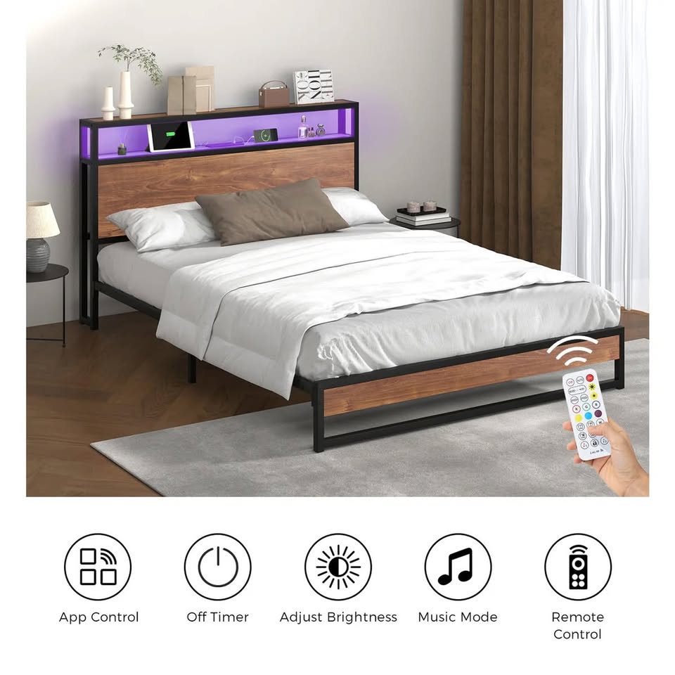 MBF-LTMO-D-BK-AB Oikiture Metal Bed Frame Double Size LED Light Storage Headboard USB Charge