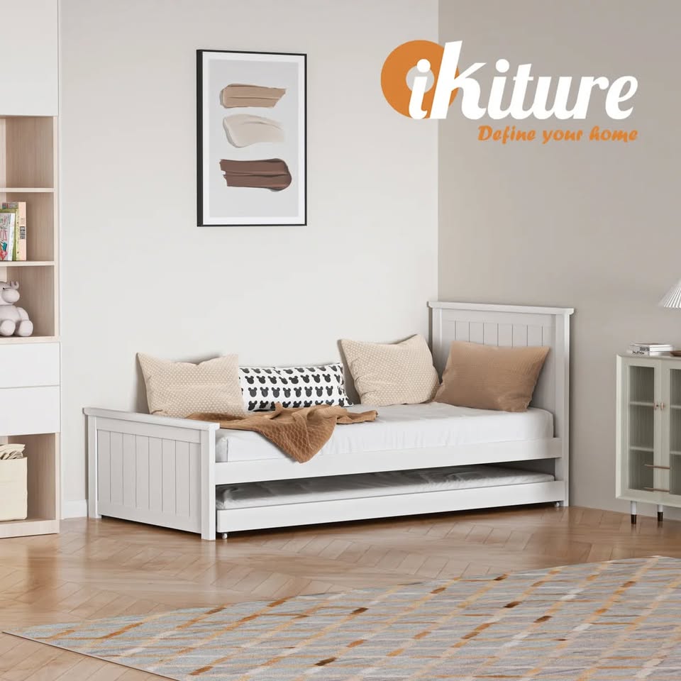 BF-W-B-T3-COLA-WH-AB Oikiture Trundle Bed Frame Single Size Beds Base Wooden Daybed White