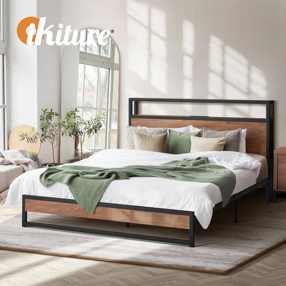 MBF-LTMO-D-BK-AB Oikiture Metal Bed Frame Double Size LED Light Storage Headboard USB Charge