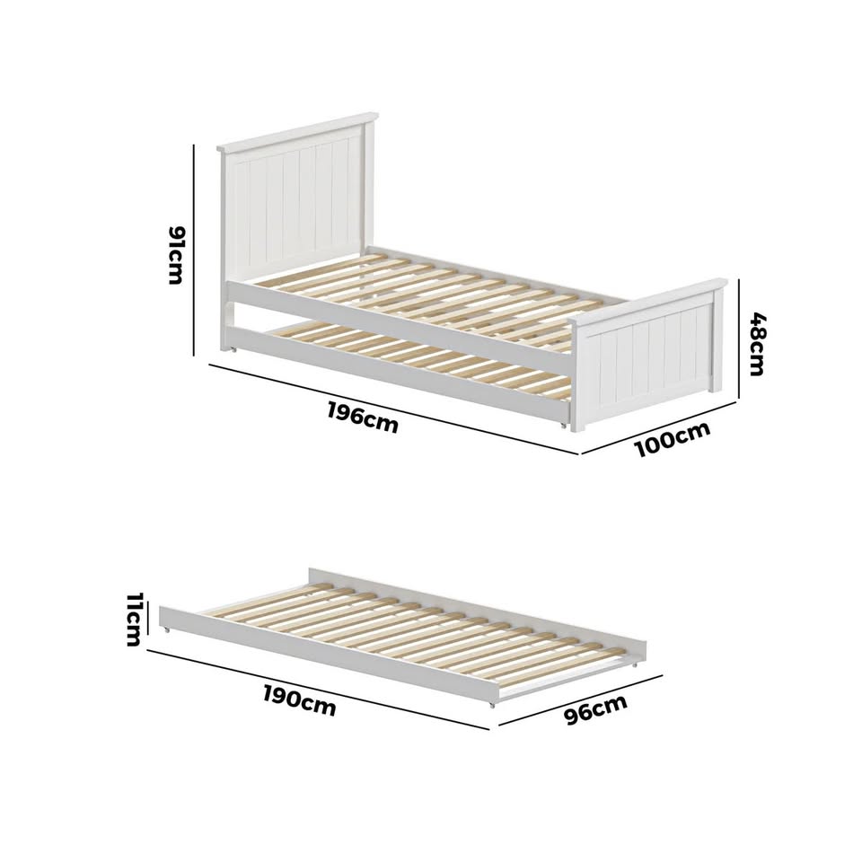 BF-W-B-T3-COLA-WH-AB Oikiture Trundle Bed Frame Single Size Beds Base Wooden Daybed White