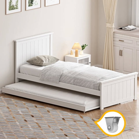 BF-W-B-T3-COLA-WH-AB Oikiture Trundle Bed Frame Single Size Beds Base Wooden Daybed White