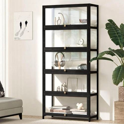 SB-DISPLAY-580-BK Oikiture Display Cabinet 5 Tiers Clear Door Black