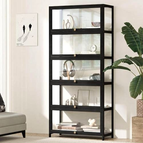 SB-DISPLAY-580-BK Oikiture Display Cabinet 5 Tiers Clear Door Black