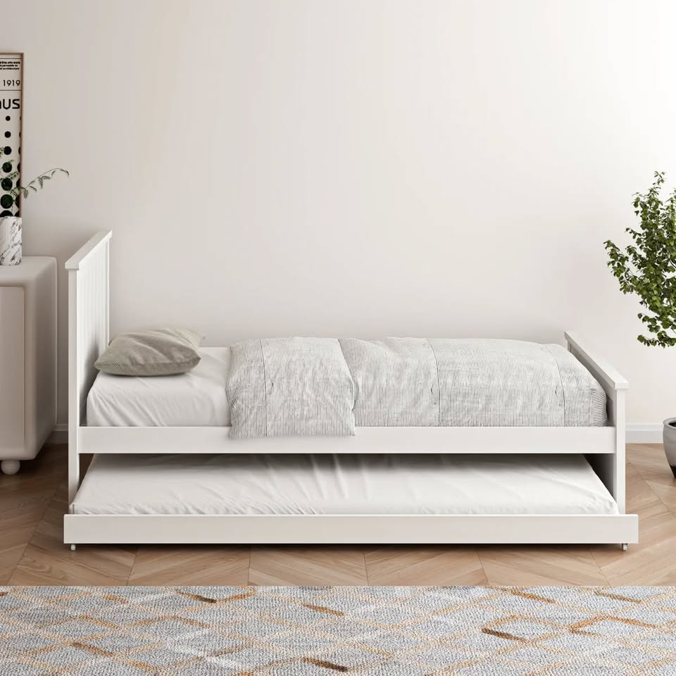 BF-W-B-T3-COLA-WH-AB Oikiture Trundle Bed Frame Single Size Beds Base Wooden Daybed White