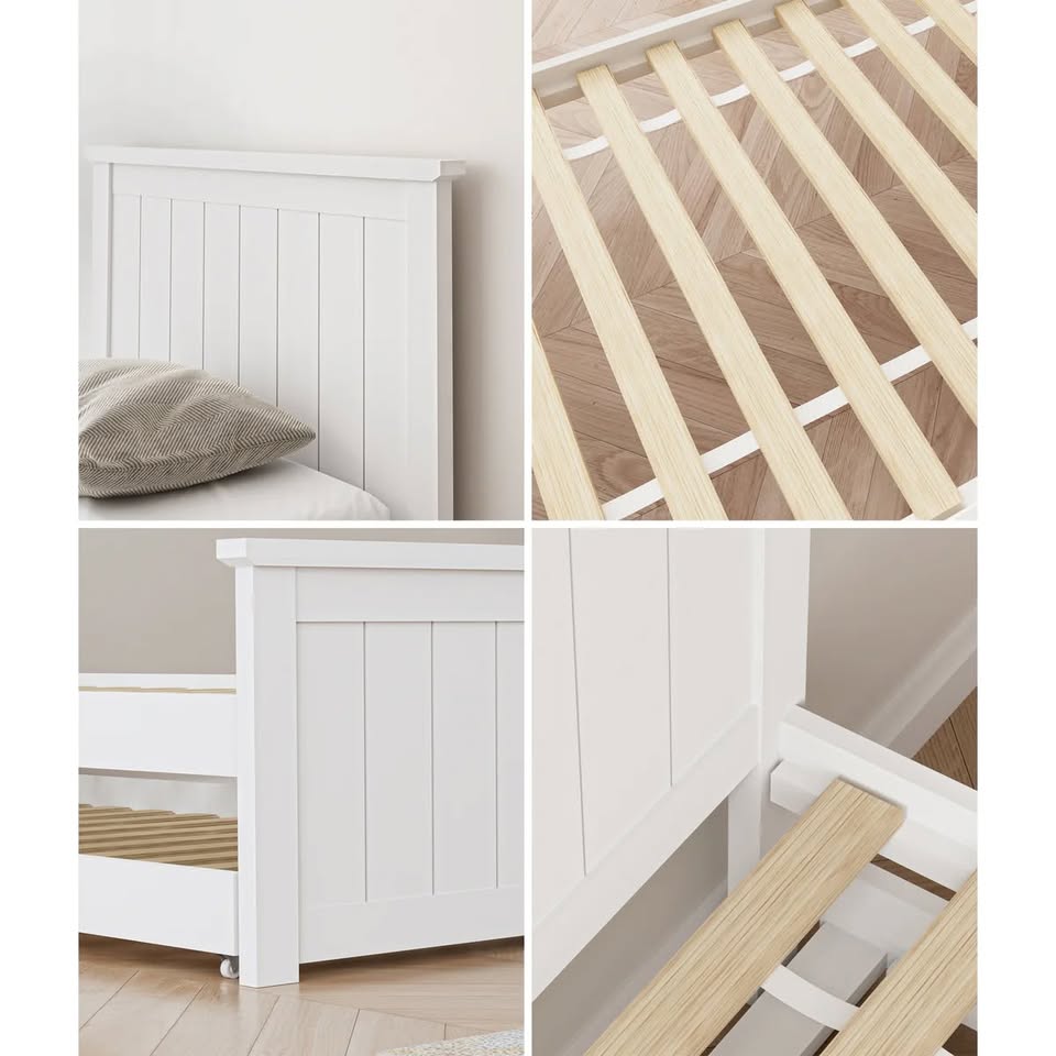 BF-W-B-T3-COLA-WH-AB Oikiture Trundle Bed Frame Single Size Beds Base Wooden Daybed White