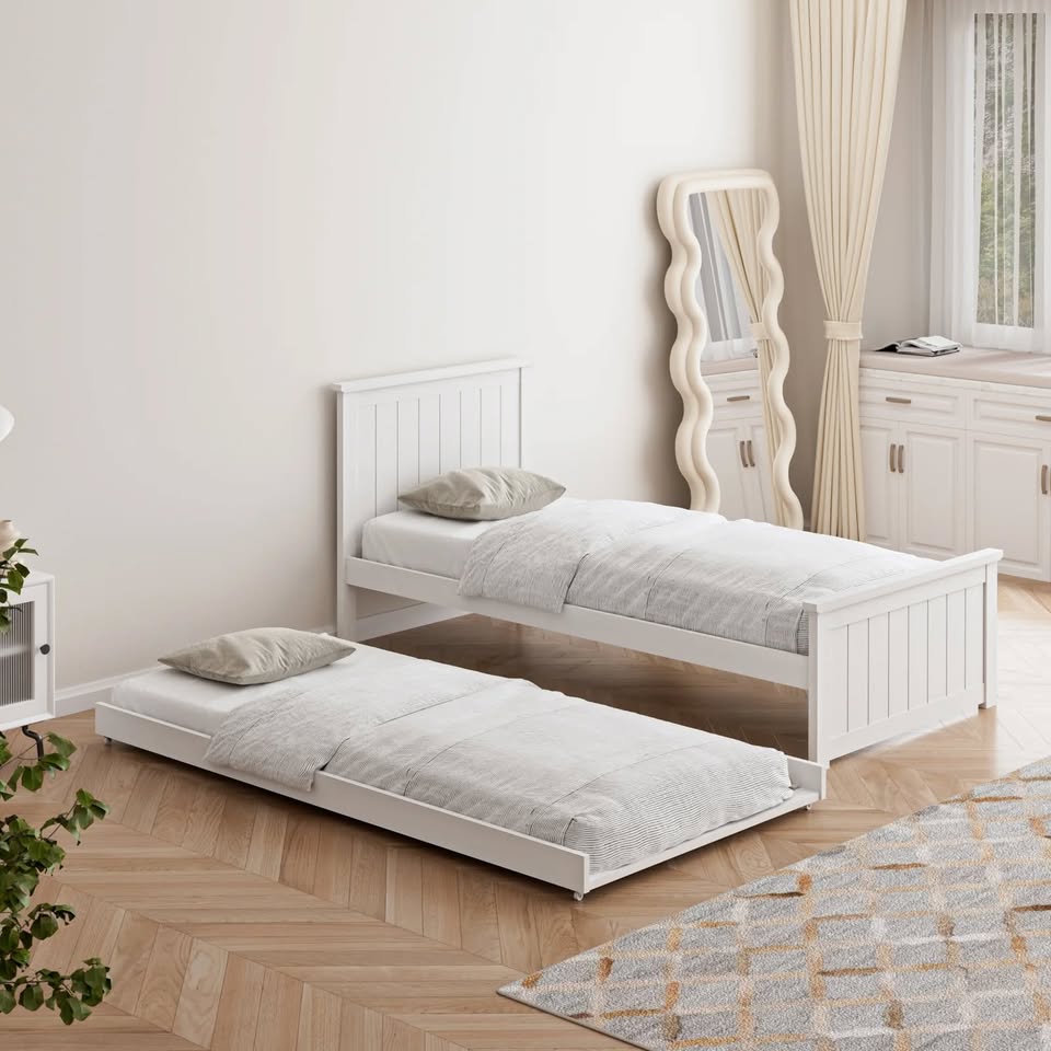 BF-W-B-T3-COLA-WH-AB Oikiture Trundle Bed Frame Single Size Beds Base Wooden Daybed White