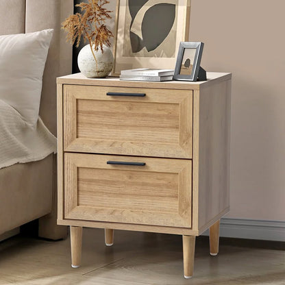BT-EMMA-2D-WD Oikiture Bedside Table Nightstand 2 Drwers Side End Table Storage Natural