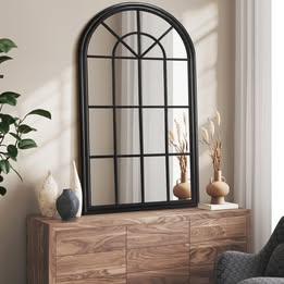WM-B-ARCH-13070-BKWD Oikiture Wooden Window Mirror Arched Wall Mirrors Decor 130x70cm Black