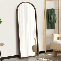 FM-B-ARCH-16560-WN Oikiture Wooden Full Length Mirror 166x60cm Arched Dressing Floor Mirrors Walnut