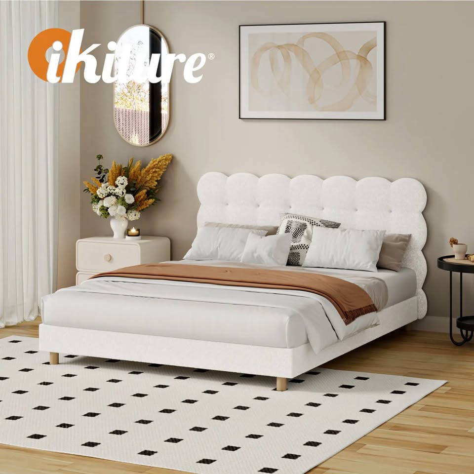 BF-D-KUKI-Q-WH-AB Oikiture Bed Frame Queen Size Tufted Bedhead Boucle Fabric White