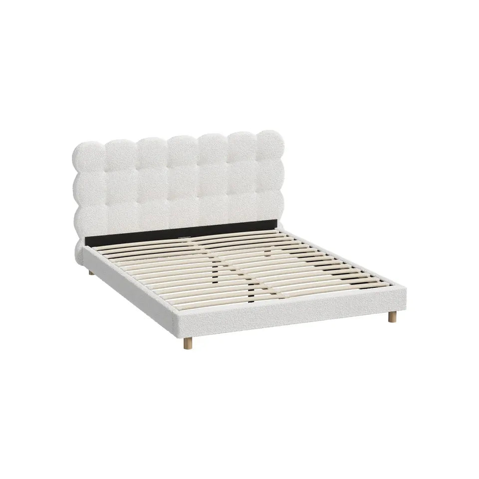 BF-D-KUKI-Q-WH-AB Oikiture Bed Frame Queen Size Tufted Bedhead Boucle Fabric White