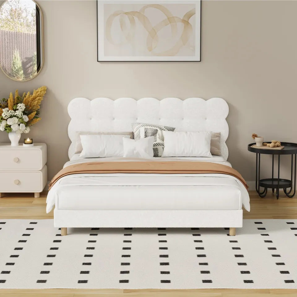 BF-D-KUKI-Q-WH-AB Oikiture Bed Frame Queen Size Tufted Bedhead Boucle Fabric White