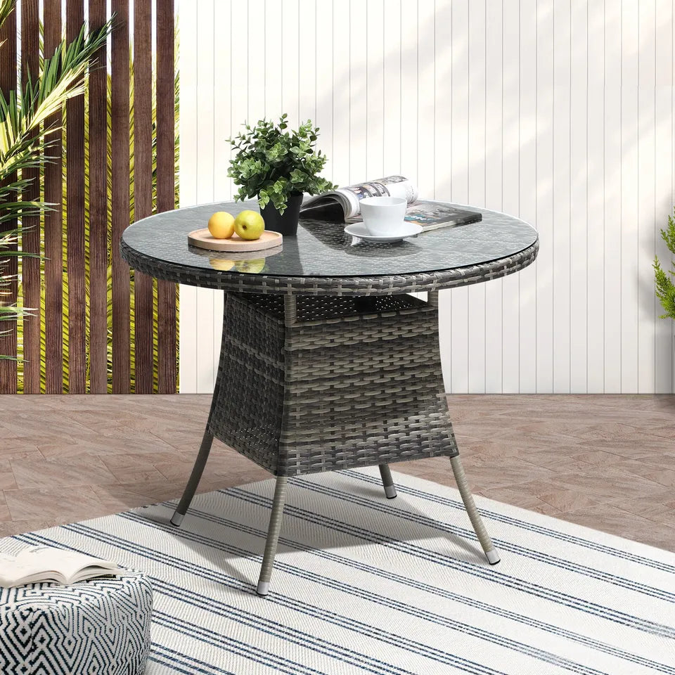 ODDS-RTN-TB90-GY Livsip 90CM Outdoor Dining Table Round Rattan Glass Table Patio Furniture Grey
