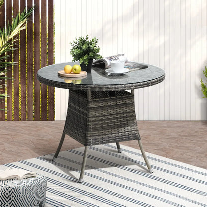 ODDS-RTN-TB90-GY Livsip 90CM Outdoor Dining Table Round Rattan Glass Table Patio Furniture Grey