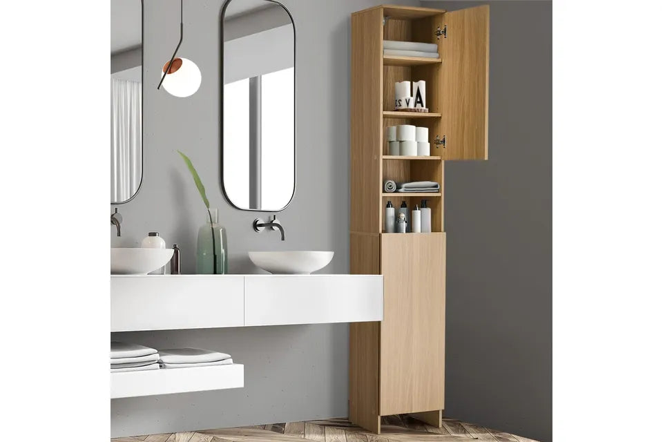 ST-CAB-A24-WD- Oikiture Bathroom Cabinet Tall Slim Floor Cupboard Natural