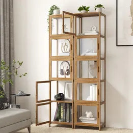 SB-DISPLAY-54SD-BR Oikiture Display Cabinet 5-Tier Slim Storage Shelves Clear Bookcase Rack Brown