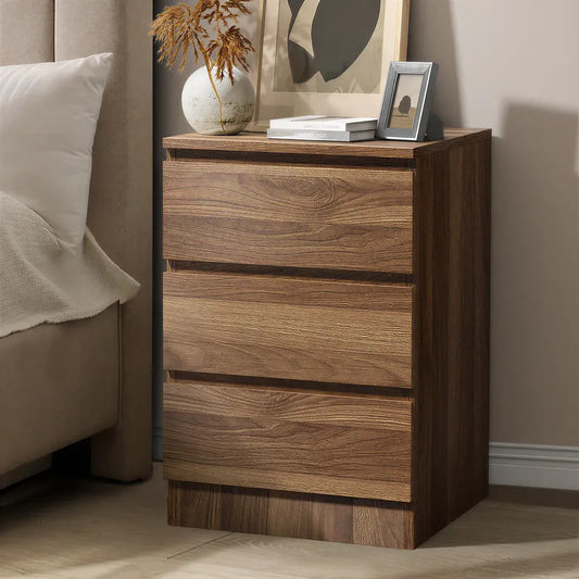 BT-VJ-LIZ-3D-WN Oikiture Bedside Table 3 Drawers Side Tables Storage Cabinet Nightstand Walnut