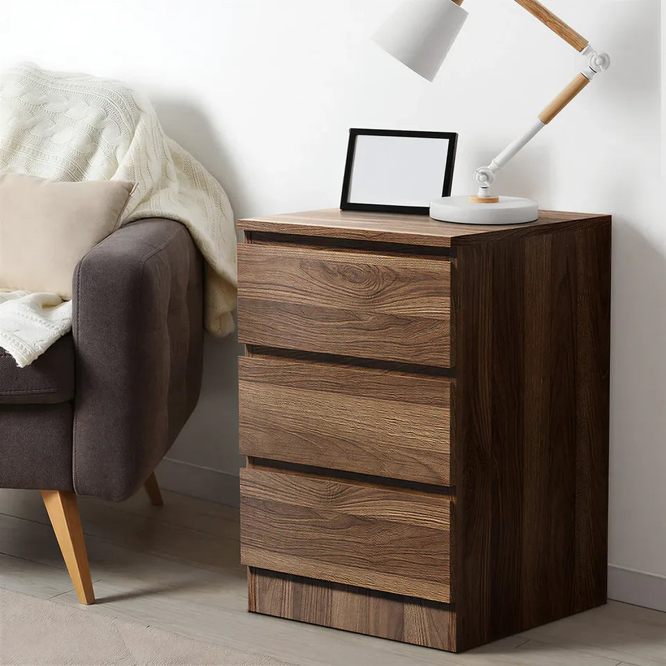 BT-VJ-LIZ-3D-WN Oikiture Bedside Table 3 Drawers Side Tables Storage Cabinet Nightstand Walnut