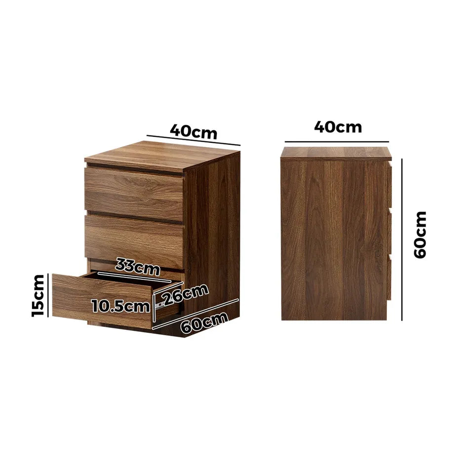BT-VJ-LIZ-3D-WN Oikiture Bedside Table 3 Drawers Side Tables Storage Cabinet Nightstand Walnut