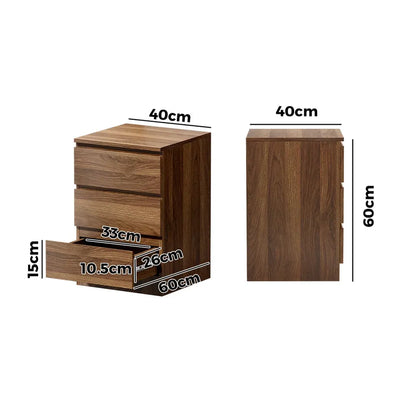 BT-VJ-LIZ-3D-WN Oikiture Bedside Table 3 Drawers Side Tables Storage Cabinet Nightstand Walnut