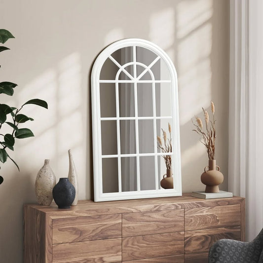 WM-B-ARCH-7651-WHWD Oikiture Window Mirror Arched Wall Mirrors Decor 76x51cm Wooden White