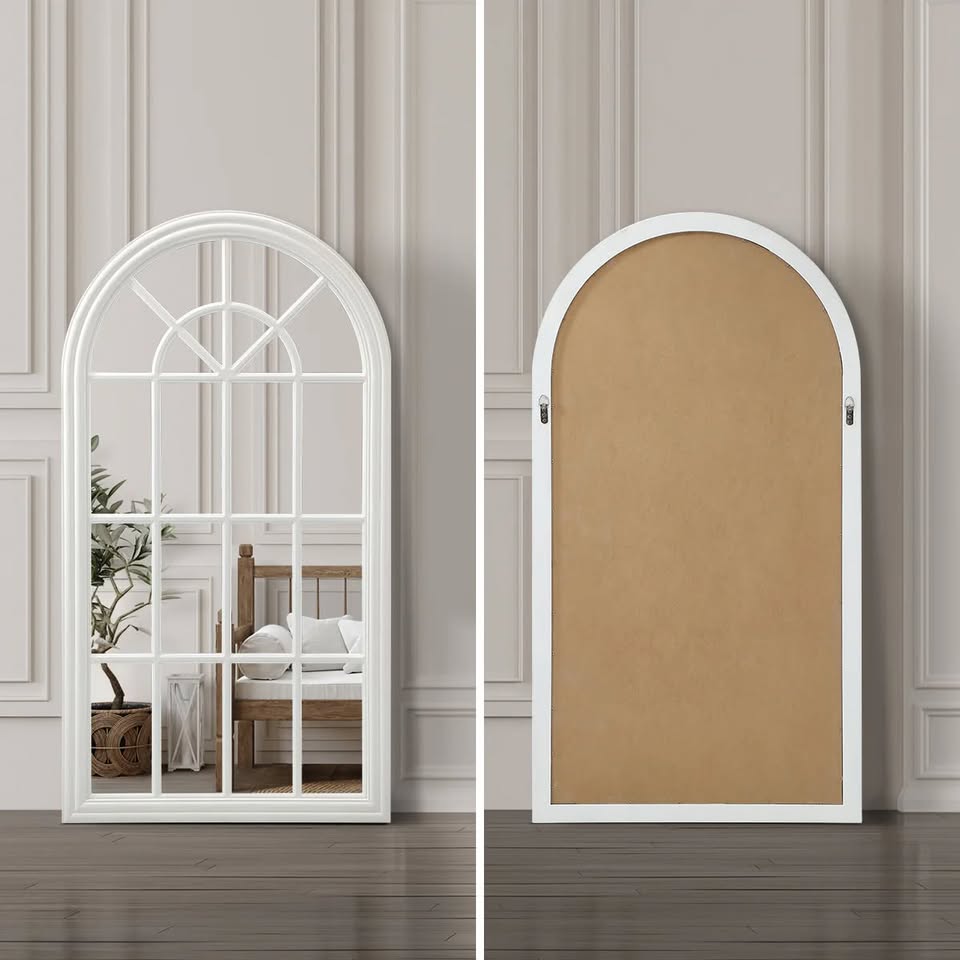 WM-B-ARCH-7651-WHWD Oikiture Window Mirror Arched Wall Mirrors Decor 76x51cm Wooden White